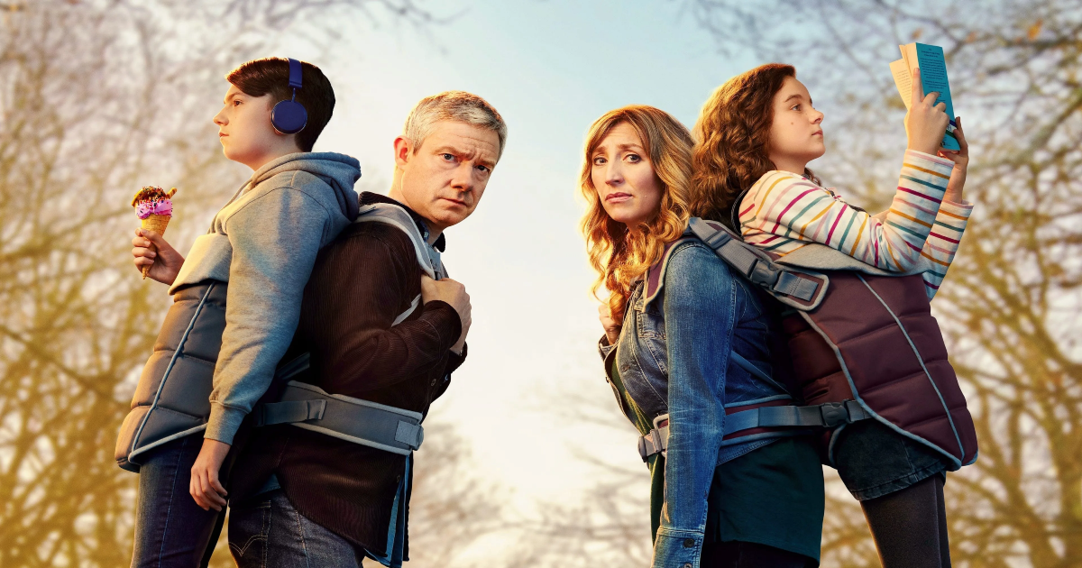 Martin Freeman and Daisy Haggard wear their children as backpacks in Breeders