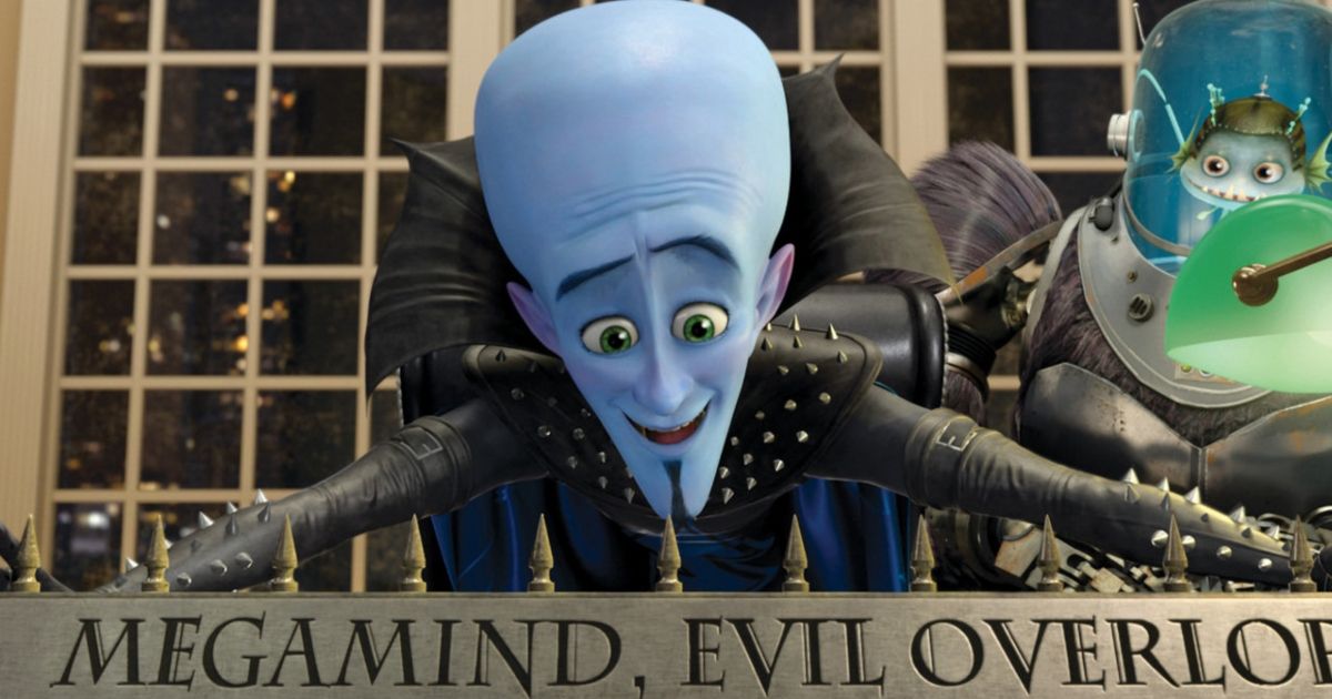 Megamind putting a plaque on a desk that declares him an evil overlord