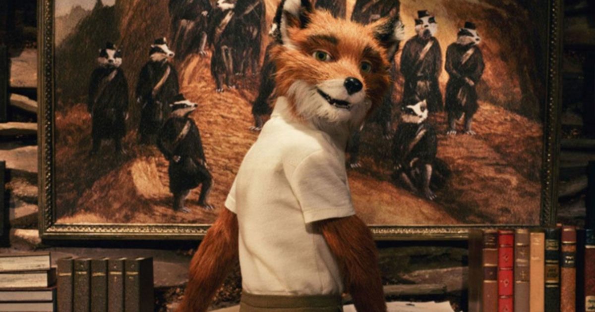 Sr. Fox em frente a uma pintura de gambás no Fantástico Sr.