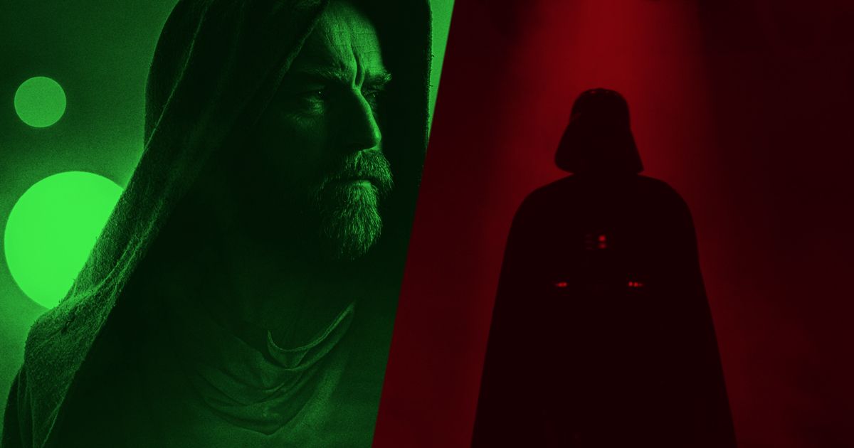 Obi-Wan Kenobi in green and Darth Vader in Red