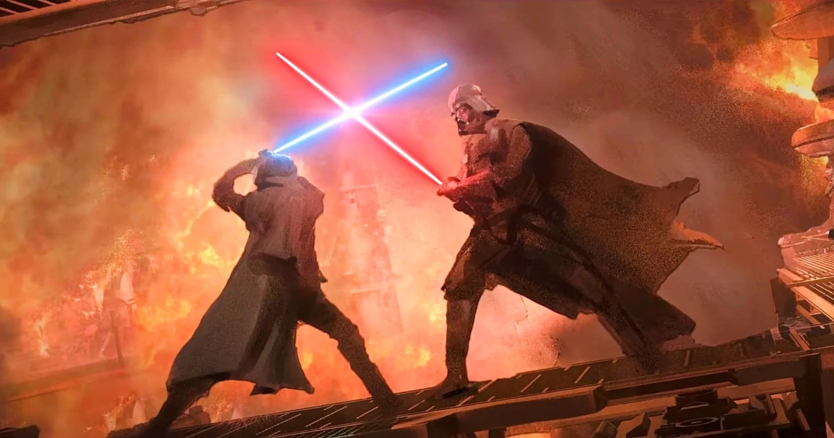 Obi-Wan Kenobi fighting Darth Vader in Star Wars