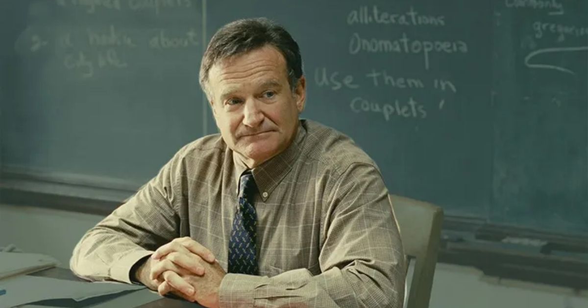 Robin Williams sitting in front of a chalkboard in World's Greatest Dad