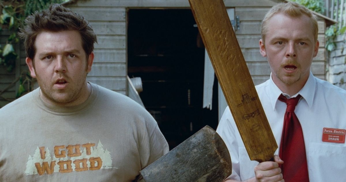 Simon Pegg and Nick Frost in Shaun of the Dead, armed with a piece of wood and a cricket bat