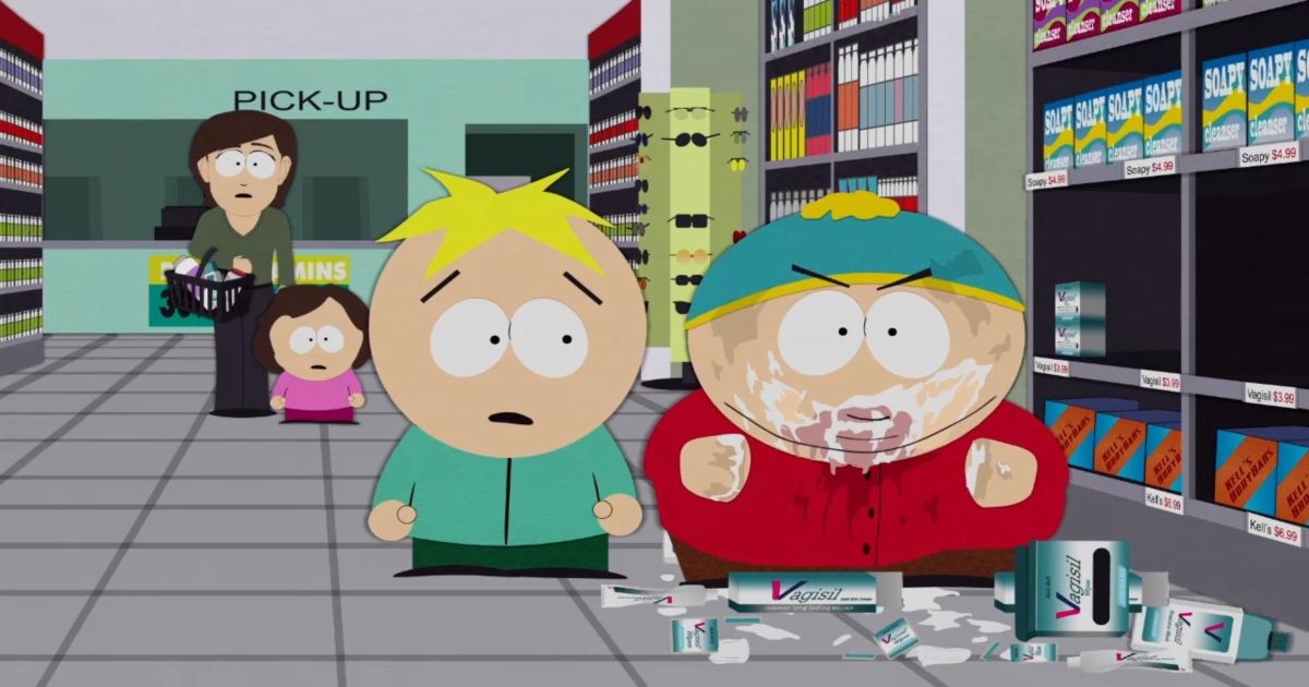 South Park Cartman and Butters stand in an aisle of the supermarket
