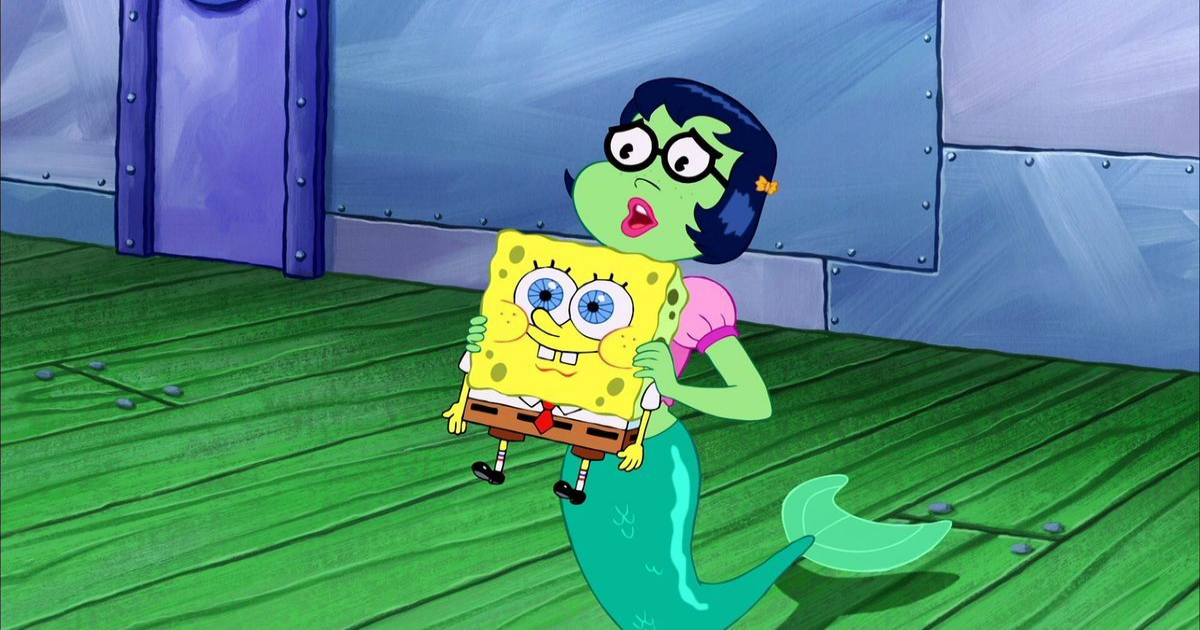 SpongeBob being held by a mermaid in the Krusty Krab in The SpongeBob SquarePants Movie