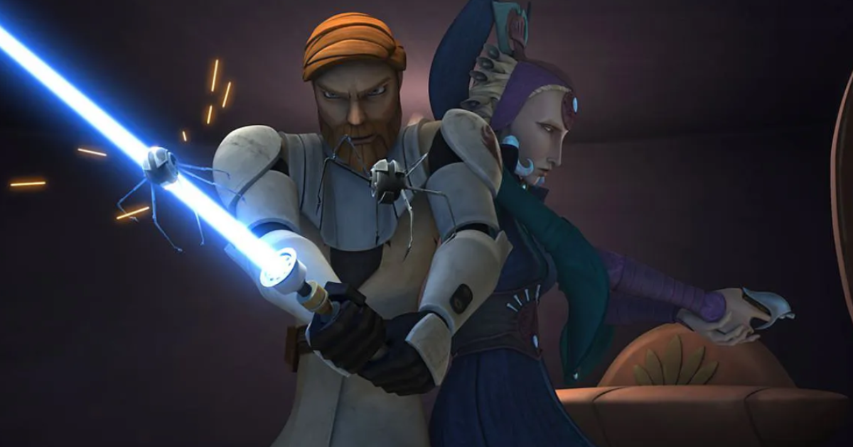 Obi-Wan Kenobi fights with Satine Kryze in Star Wars Clone Wars 
