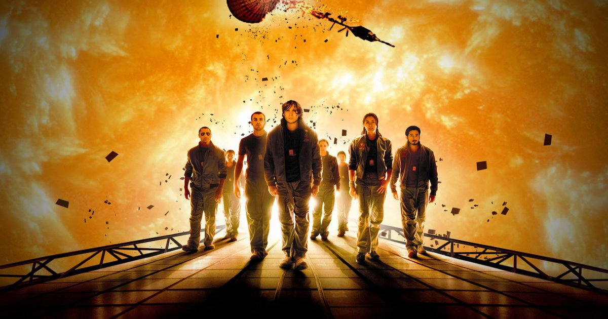 The crew of Icarus II stands in front of a dying sun in the movie Sunshine