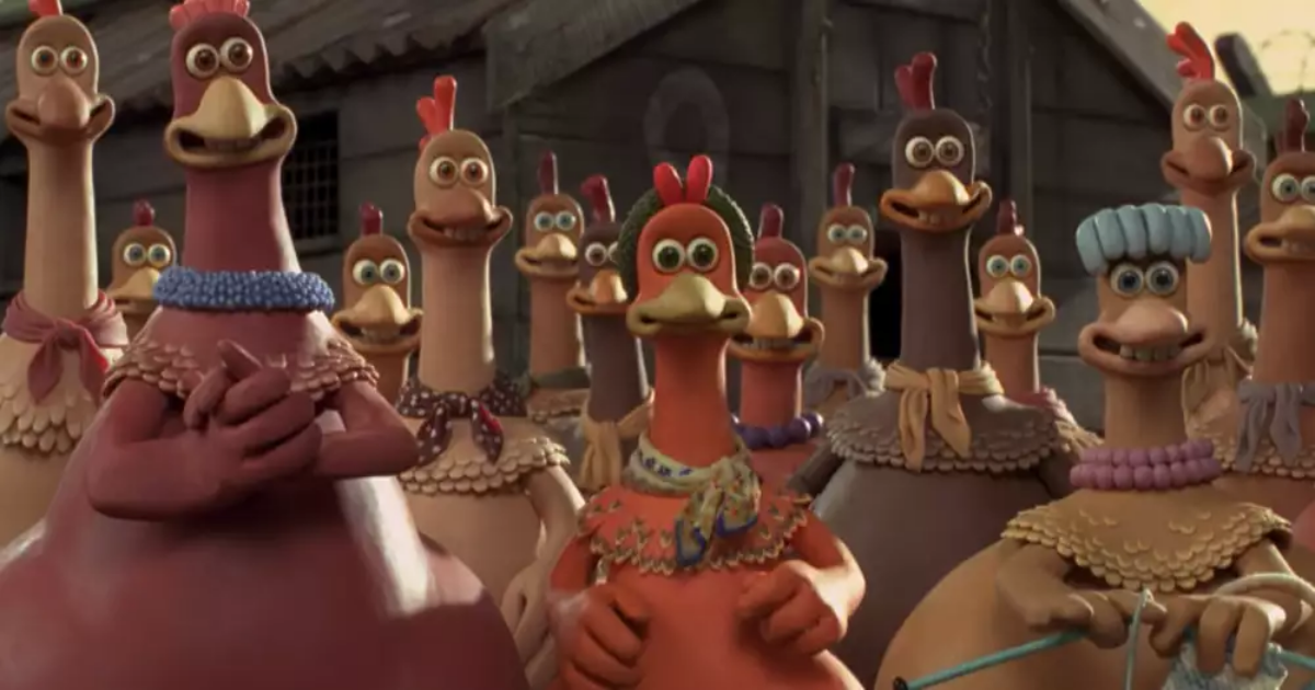 The chickens smiling in a group in Chicken Run