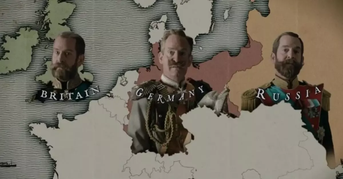 Tom Hollander plays King George V of England, Kaiser Wilhelm II of Germany and Tsar Nicholas II of Russia