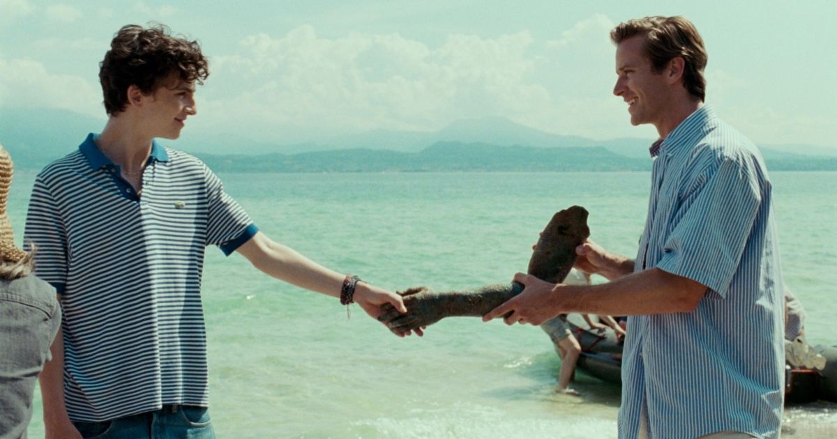 Timothee Chalamet and Armie Hammer on the beach in Call Me by Your Name