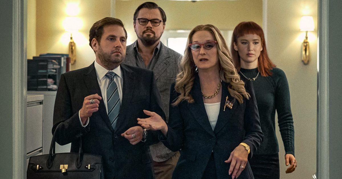 Jonah Hill, Leonardo Dicaprio, Meryl Streep, and Jennifer Lawrence in Don't Look Up