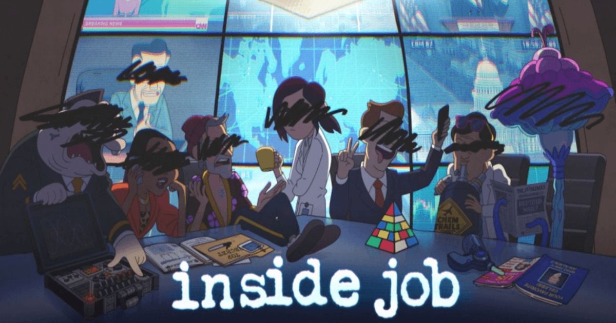 The title screen of Inside Job with the characters' eyes scribbled out