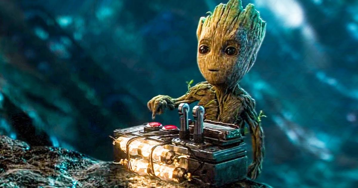 Baby Groot in front of the controls for an explosive.