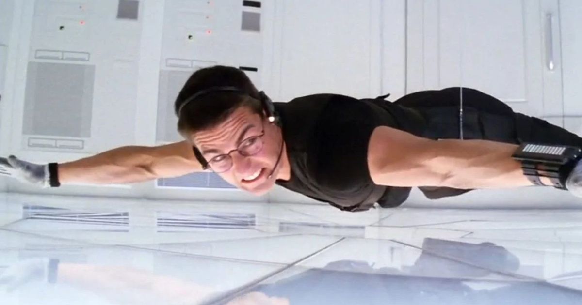 Tom Cruise hanging over a floor in Mission Impossible