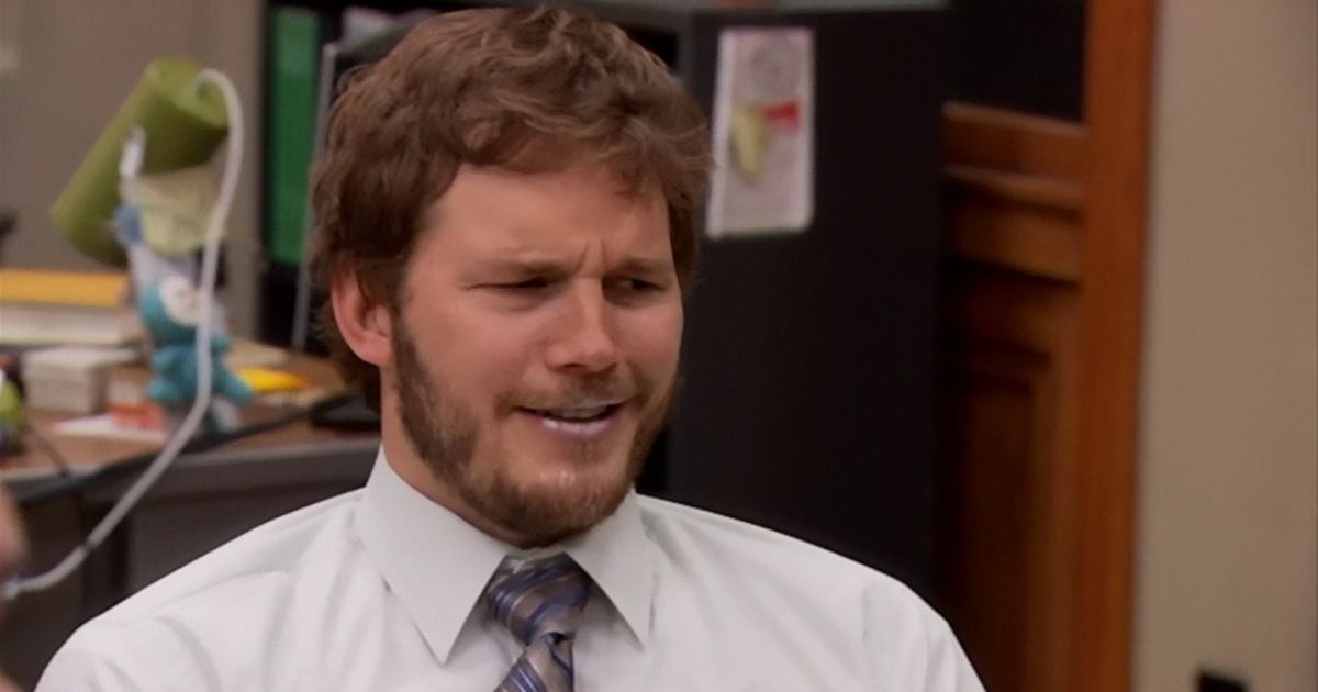 Chris Pratt as Andy Dwyer with a silver mouth