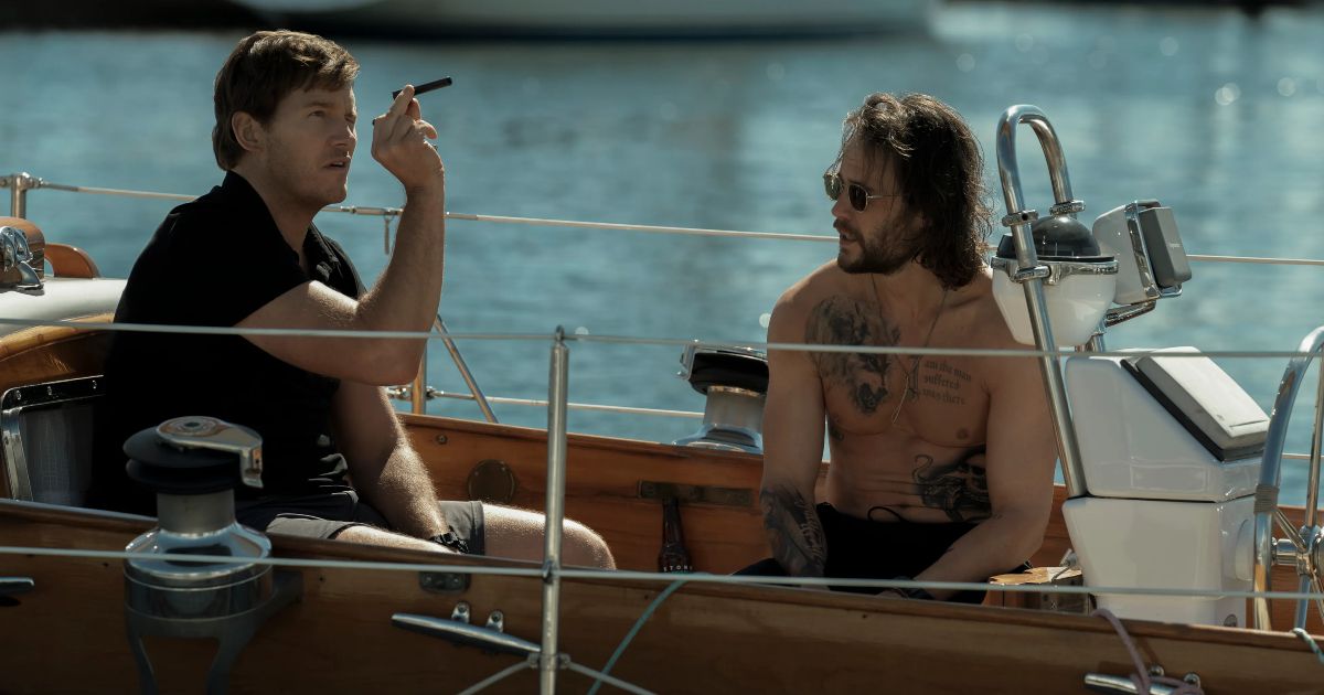 Chris Pratt as a soldier with Taylor Kitsch on a boat in The Terminal List
