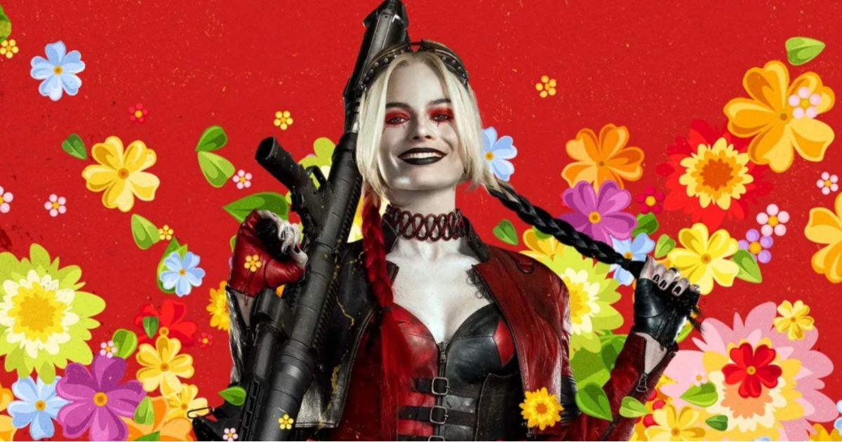 The Suicide Squad's Harley Quinn smiles into the camera. 