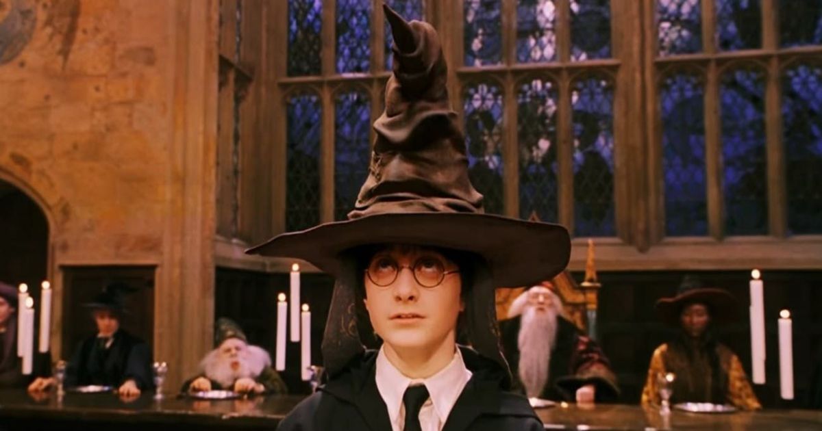 Harry Potter looking up at the sorting hat