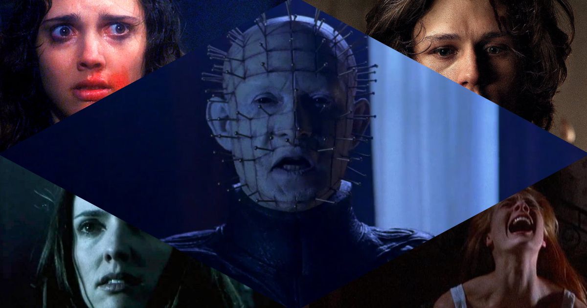 Hellraiser Movies in Order, with Pinhead surrounded by women from the movies