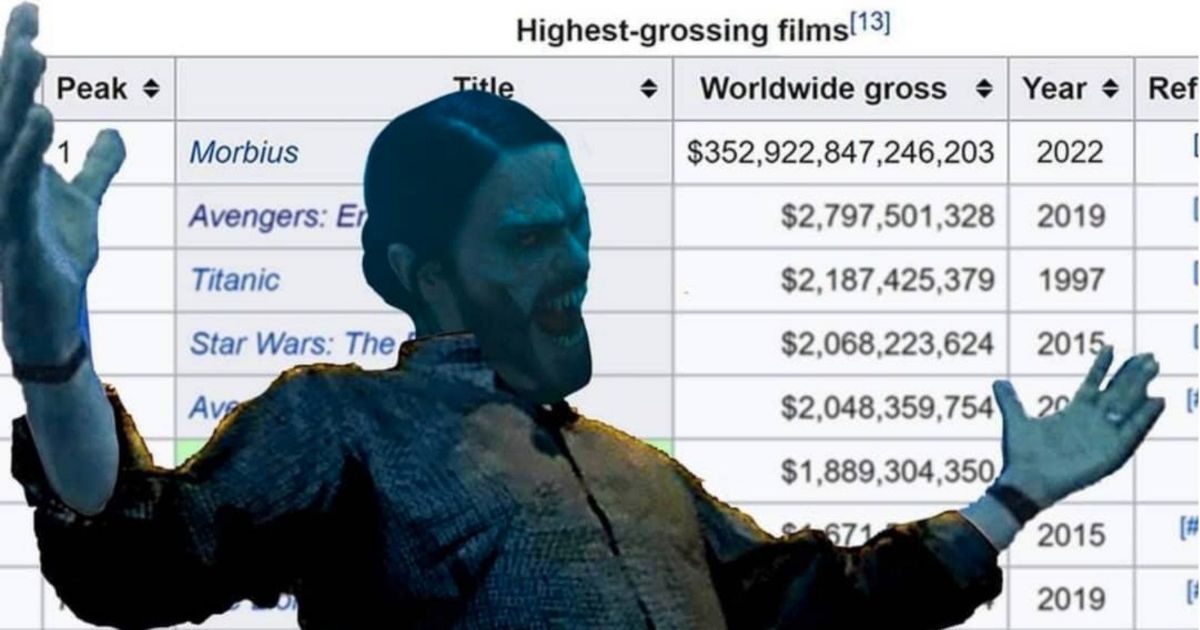 Meme from the Morbius Sweep depicting Jared Leto as Morbius superimposed over a fake Wikipedia entry showing Morbius making hundreds of trillions of dollars