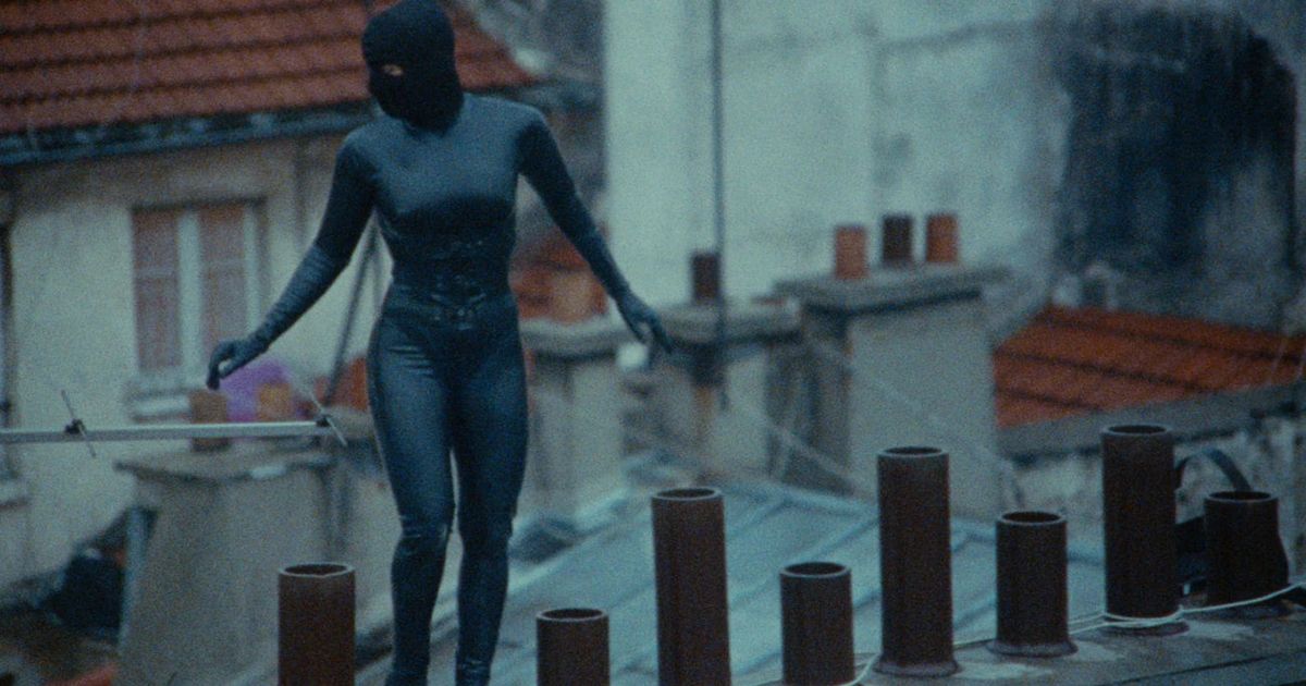 Maggie Cheung in the dominatrix catsuit on the roof in Irma Vep 1996