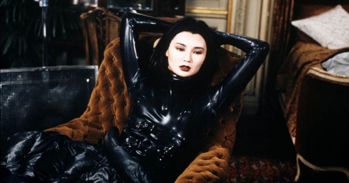 Maggie Cheung reclining in leather in Irma Vep 1996