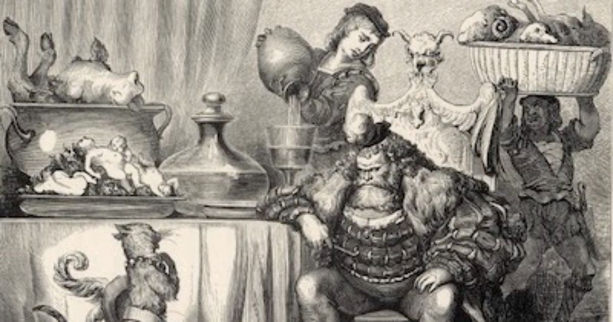 The original Puss in Boots story, with the cat speaking to the king with servants 