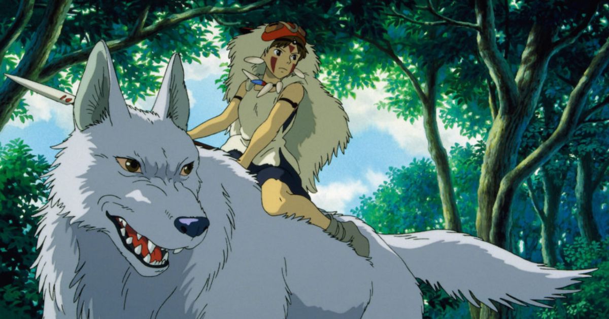 Princess Mononoke riding a wolf