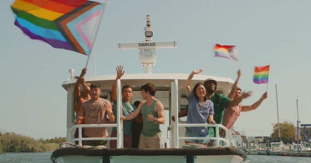 Scene featuring the cast from Fire Island on Hulu