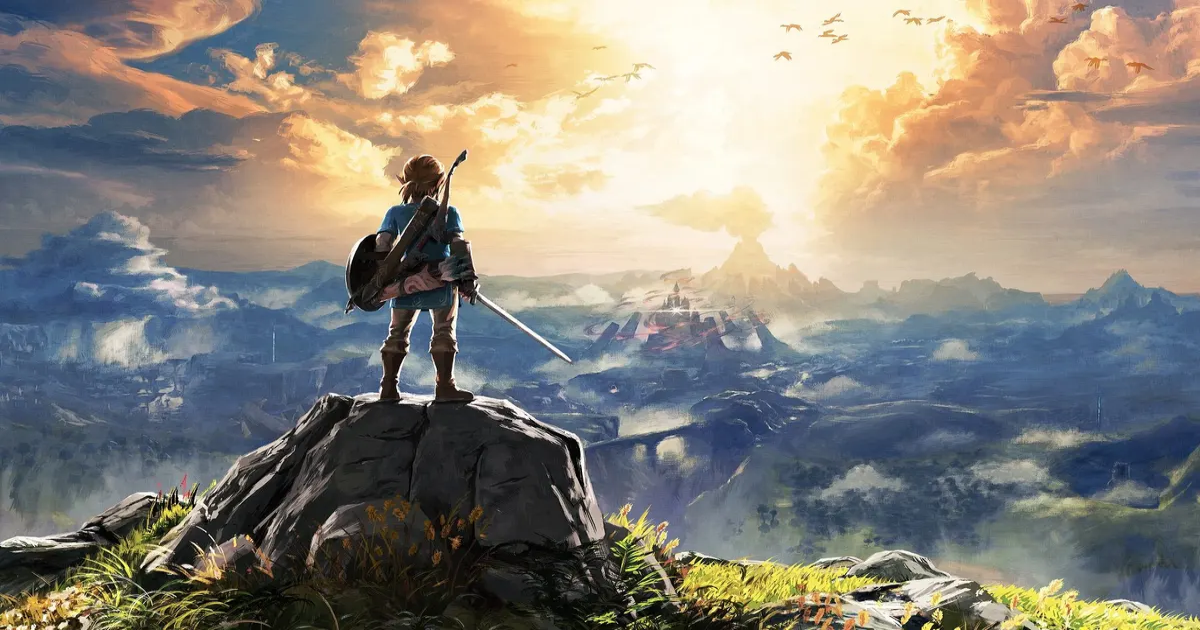 Link standing on a rock overlooking Hyrule in a poster for The Legend of Zelda: Breath of the Wild.
