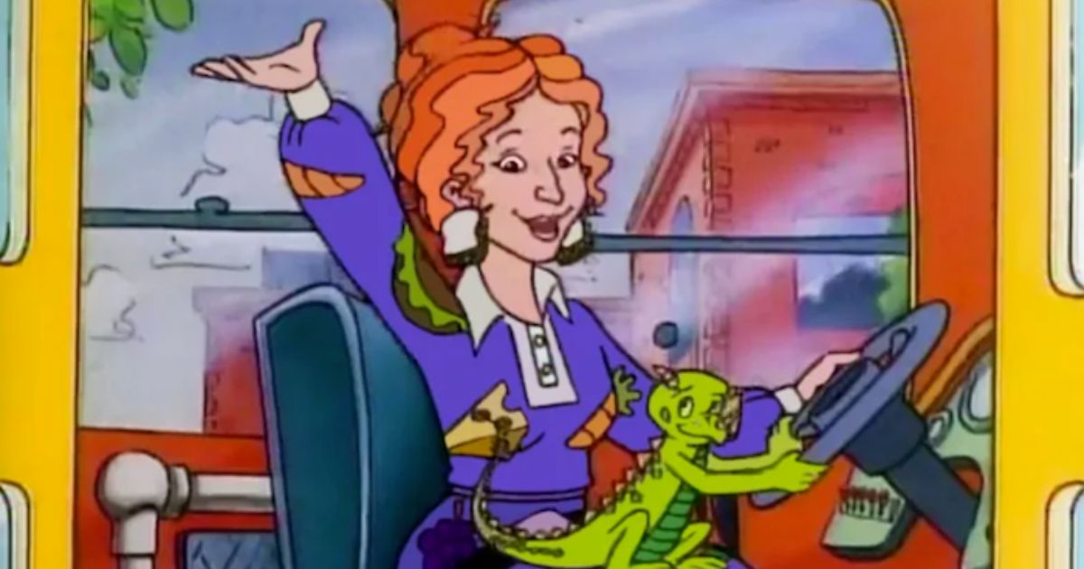Miss Frizzle with Liz drives the magic school bus