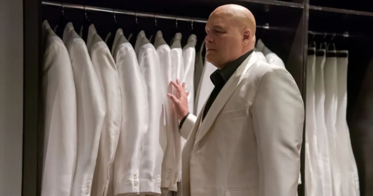Vincent D'Onofrio as Kingpin in Daredevil, a closet full of white suits next to him