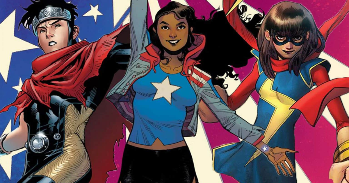 The Young Avengers comics including Wiccan, Miss America, and Ms Marvel each wearing blue red, and Wiccan wearing a black outfit in Marvel Comics.