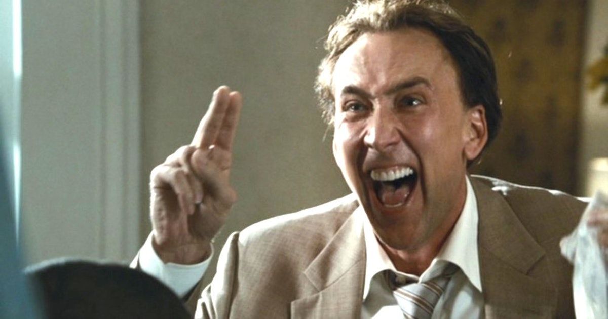 Nicolas Cage laughing hysterically in Bad Lieutenant Port of Call New Orleans