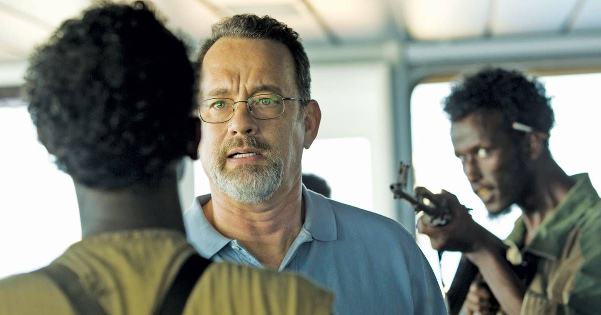 Tom Hanks' Captain is surrounded by Somali pirates in Captain Philliips.