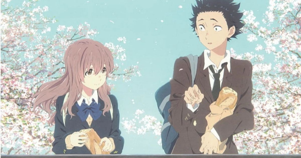 Scene from The Silent Voice showing Shoya and Shoko walking under cherry trees