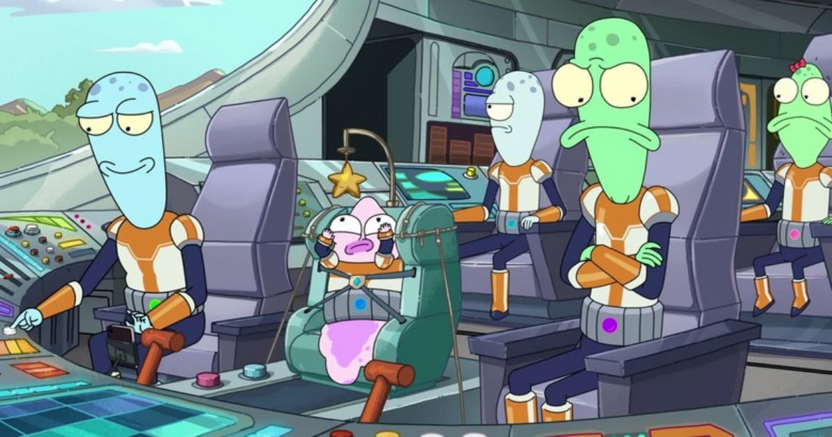 The Solar Opposites family in their spaceship, the Pupa in a babyseat