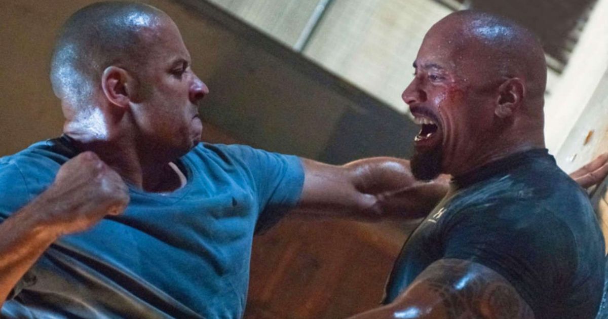 Vin Diesel punching Dwayne The Rock Johnson in Fast and Furious 