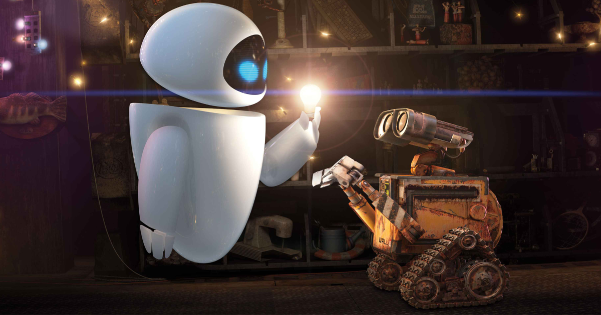 Wall-E and Eve looking at a lightbulb