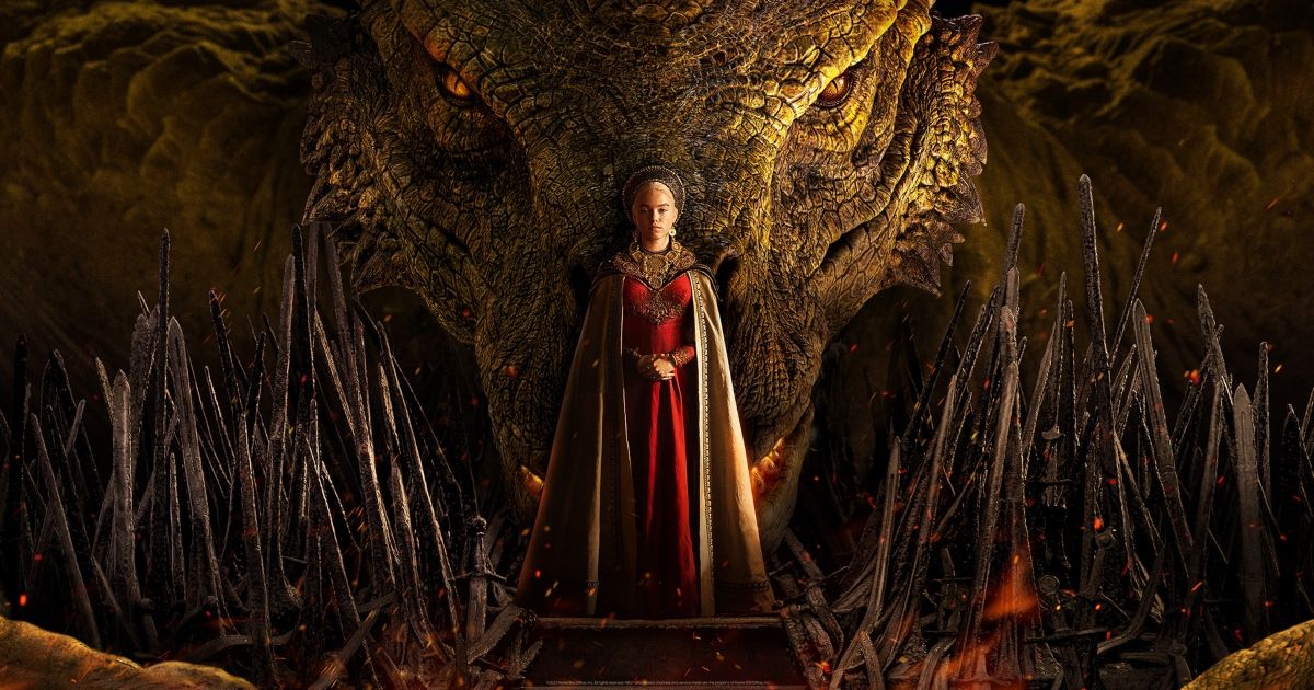 A person standing in front of a looming dragon's face in House of the Dragon