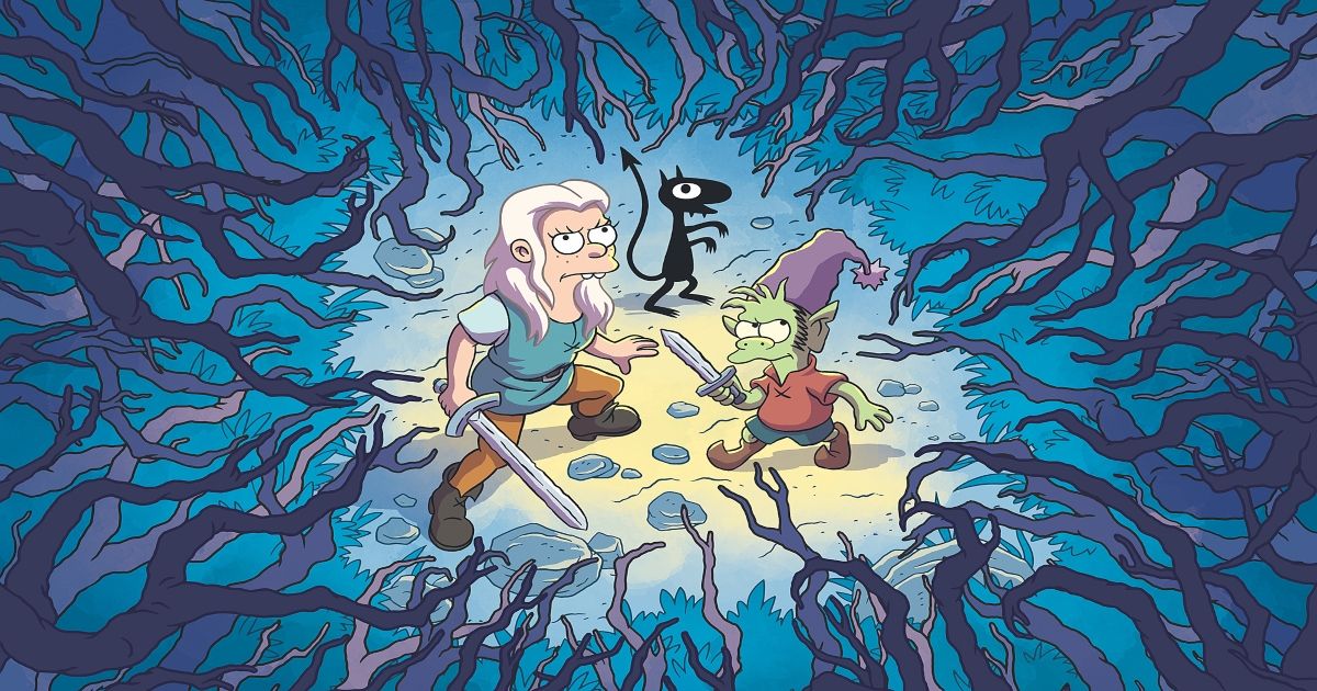 Bean, Luci, and Elfo surrounded by woods in Disenchantment