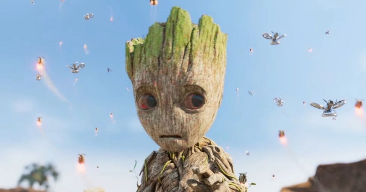 Groot is surrounded by a bunch of tiny flying things