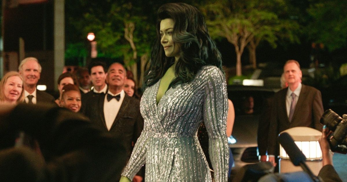 She Hulk in a fancy dress walking down a red carpet