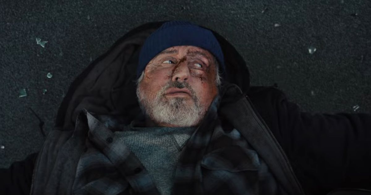Sylvester Stallone run over by a car in the Amazon Prime Video movie Samaritan