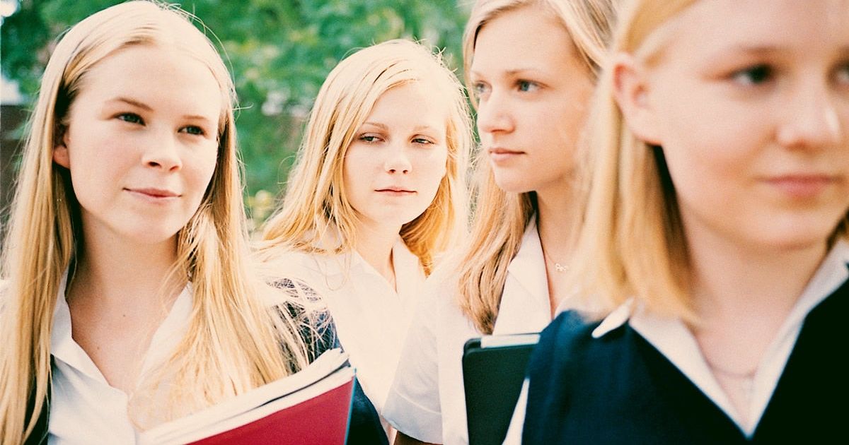 Four characters in The Virgin Suicides wear school uniforms and carry notebooks with backpacks on.