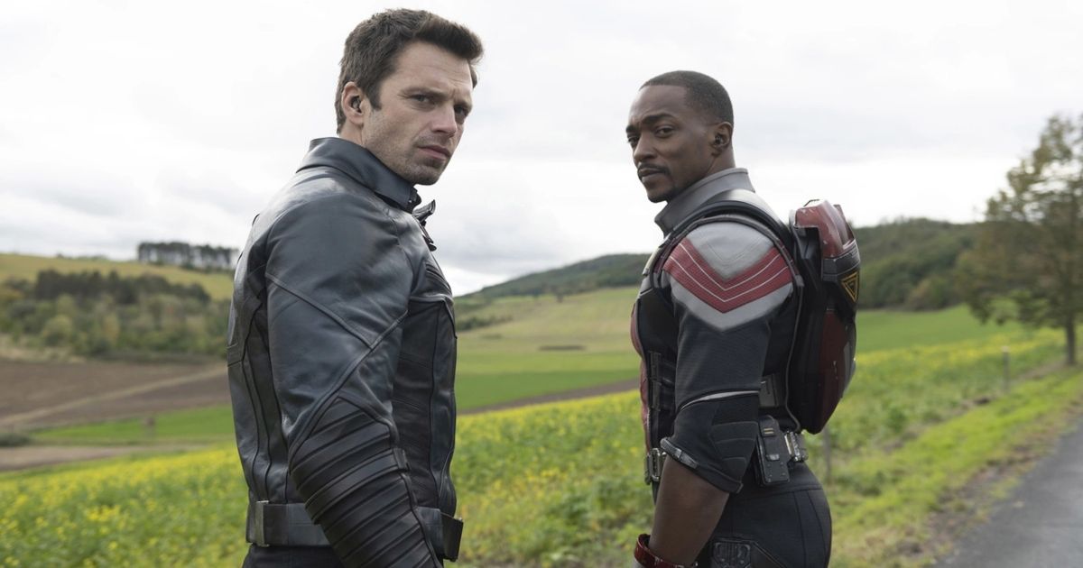 The Winter Soldier and Falcon somewhere in the countryside as they look back at the camera