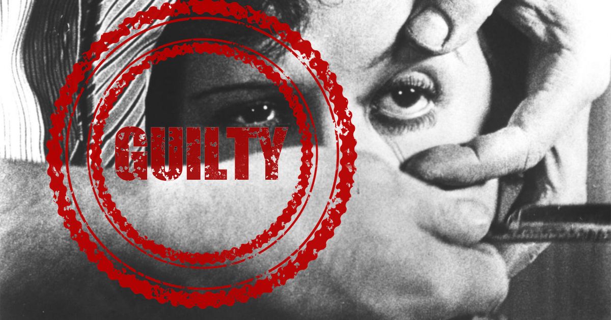 Eyeball cutting scene in Un Chien Andalou overlayed with a guilty stamp