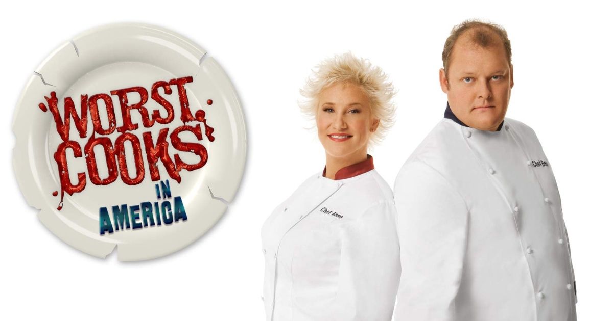 Anne Burrell and Beau MacMilan on the poster for worst cooks in america
