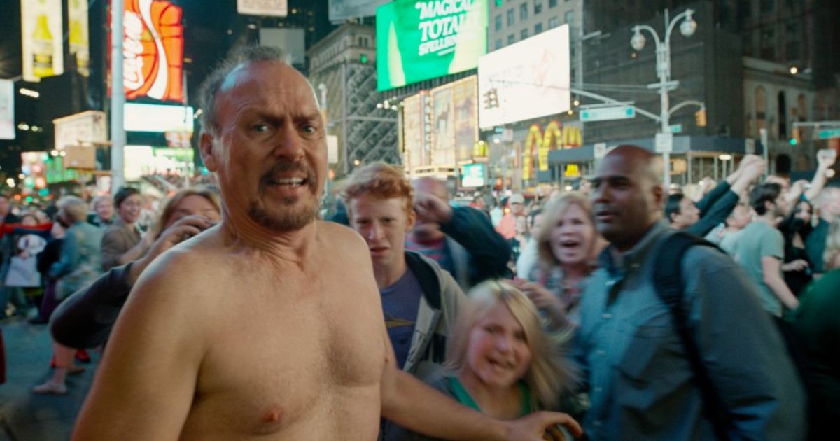 Michael Keaton naked in Times Square in Birdman