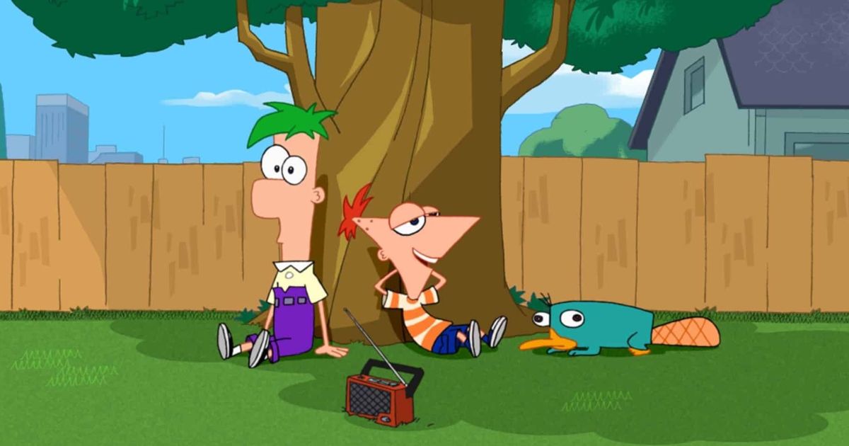 Phineas and Ferb sitting under a tree